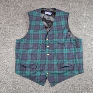 Vintage Pendleton Vest Green Blue Tartan Plaid Mens 44 Wool Button Front USA